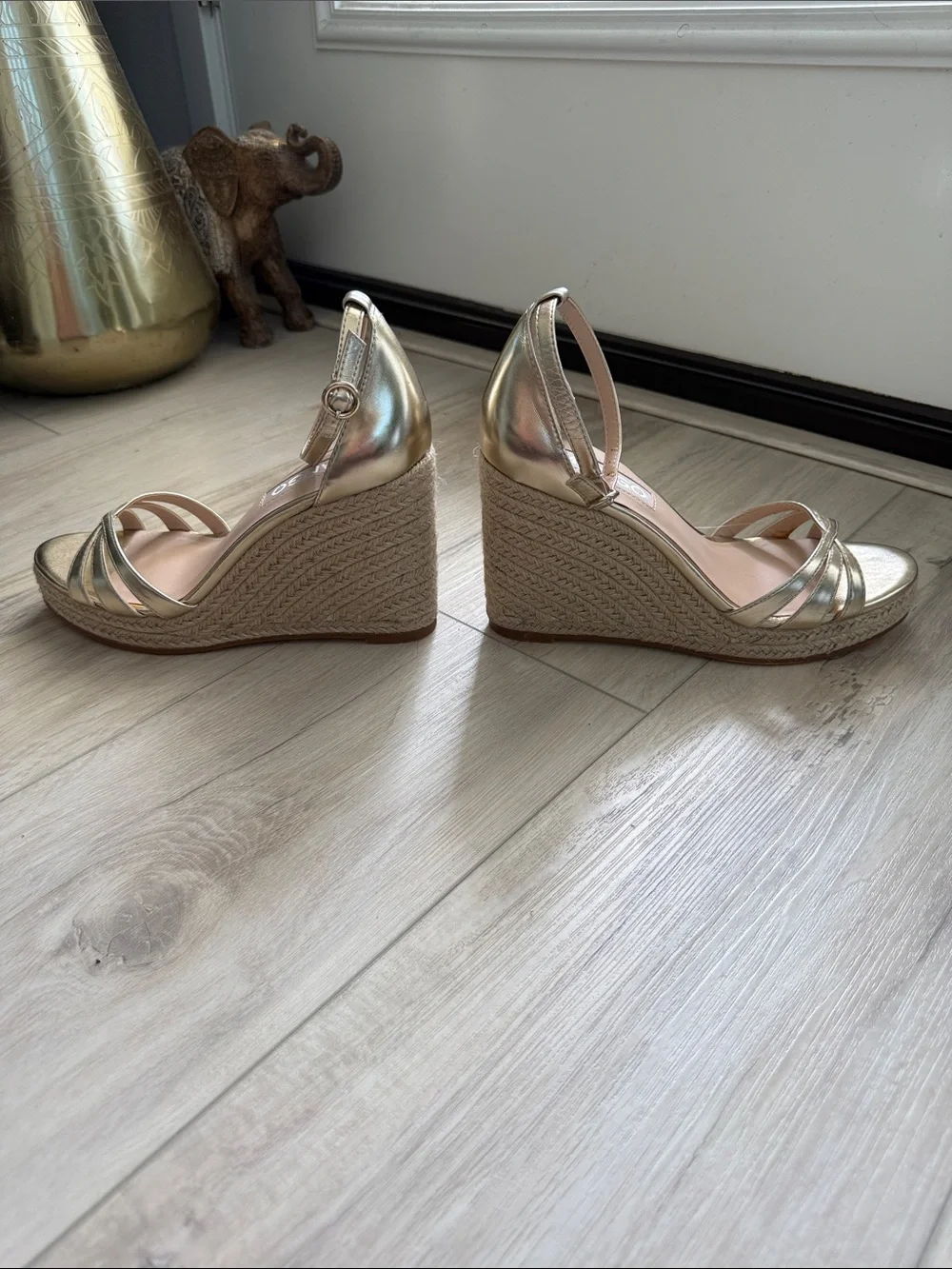 Mango | Metallic Gold Wedge Sandals with Ankle Strap